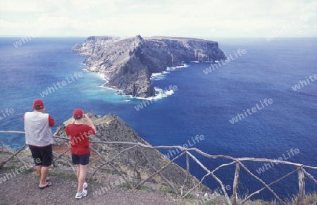 Europa, Atlantischer Ozean, Portugal, Insel, Madeira, Porto Santo, Meer, Landschaft, Aussichtspunkt, Miradouro, Ponta da Calheta, Insel de Baixo oe da Cal, 
Der Aussichtspunkt am Ponta de Calheta auf der Insel Porto Santo der Nachbarsinsel von Madeir