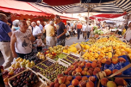 the fruit and fegetable market in the old Town of Siracusa in Sicily in south Italy in Europe.