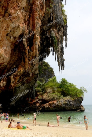 The Hat Phra Nang Beach at Railay near Ao Nang outside of the City of Krabi on the Andaman Sea in the south of Thailand. 