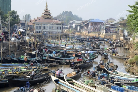 the Boat landing Pier at the Nan Chaung Main Canal in the city of Nyaungshwe at the Inle Lake in the Shan State in the east of Myanmar in Southeastasia.