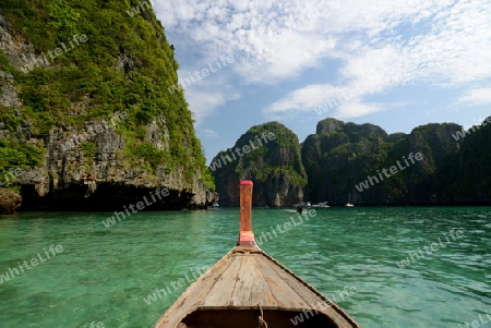 a Boat on the way to Maya Beach  near the Ko Phi Phi Island outside of the City of Krabi on the Andaman Sea in the south of Thailand. 