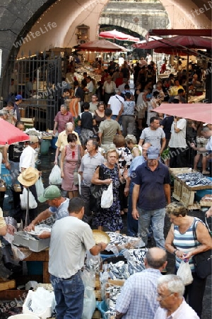 The Fishmarket in the old Town of Catania in Sicily in south Italy in Europe.