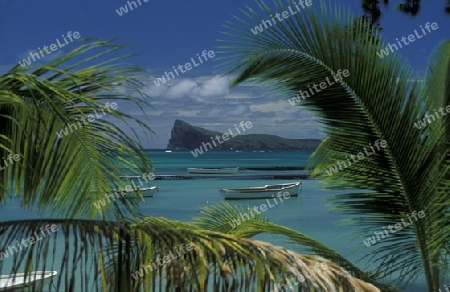 Ein Sandstrand an der Westkueste von Mauritius im Indischen Ozean. 