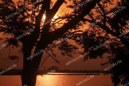 Die Landschaft des Grenzfluss Mekong River in Stadt Savannahet in zentral Laos an der Grenze zu Thailand in Suedostasien.