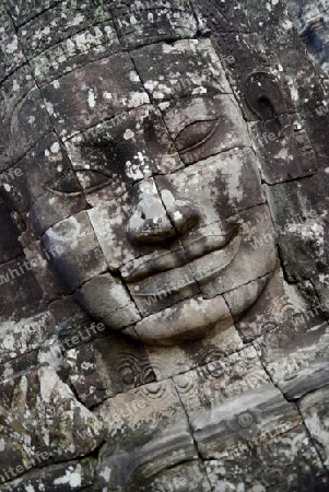 Stone Faces the Tempel Ruin of Angkor Thom in the Temple City of Angkor near the City of Siem Riep in the west of Cambodia.