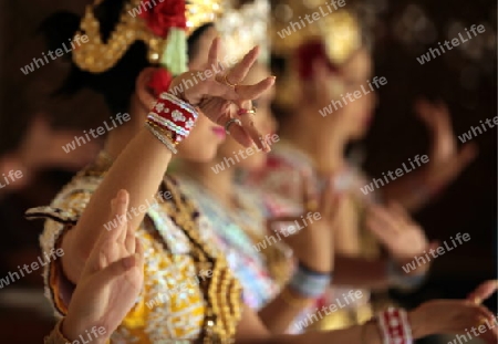 Ein Traditioneller Tanz im Erewan Schrein in der Th Phra Ram 1 Road beim Siam Square in Bangkok der Hauptstadt von Thailand in Suedostasien.