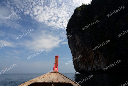 a Boat on the way to Maya Beach  near the Ko Phi Phi Island outside of the City of Krabi on the Andaman Sea in the south of Thailand. 