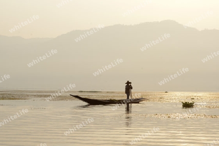 A fishingboat on the Lake Inle near the town of Nyaungshwe at the Inle Lake in the Shan State in the east of Myanmar in Southeastasia.