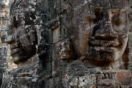 Stone Faces the Tempel Ruin of Angkor Thom in the Temple City of Angkor near the City of Siem Riep in the west of Cambodia.