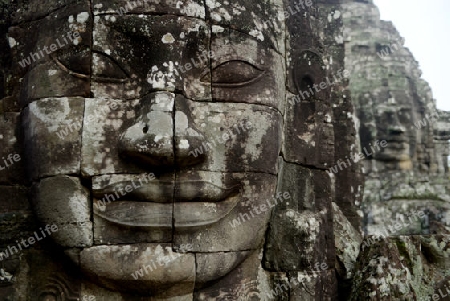 Stone Faces the Tempel Ruin of Angkor Thom in the Temple City of Angkor near the City of Siem Riep in the west of Cambodia.