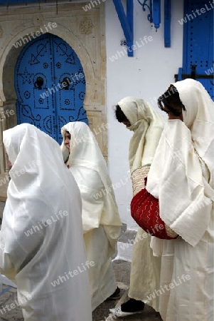 Afrika, Nordafrika, Tunesien, Tunis, Sidi Bou Said
Junge Frauen im traditionellen weissen Schleier in der Altstadt von Sidi Bou Said in der Daemmerung am Mittelmeer und noerdlich der Tunesischen Hauptstadt Tunis





