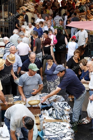 The Fishmarket in the old Town of Catania in Sicily in south Italy in Europe.