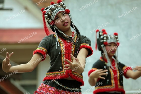 Traditionelle Taenzerinnen tanzen beim Wat Phra That Doi Suthep Tempel in Chiang Mai im Norden von Thailand. 