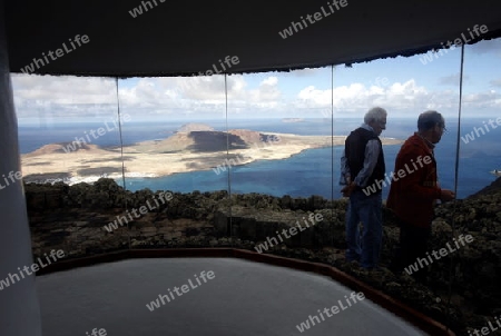 the Mirador del Rio viewpoint on the Island of Lanzarote on the Canary Islands of Spain in the Atlantic Ocean. on the Island of Lanzarote on the Canary Islands of Spain in the Atlantic Ocean.
