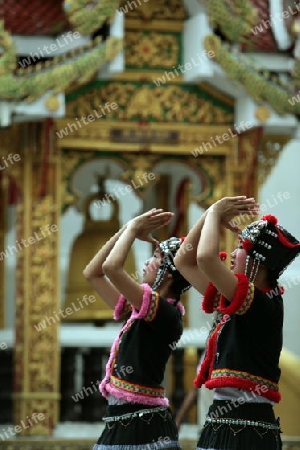 Traditionelle Taenzerinnen tanzen beim Wat Phra That Doi Suthep Tempel in Chiang Mai im Norden von Thailand. 