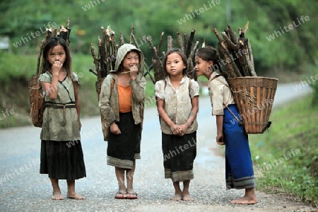 Menschen in der Landschaft in der Bergregion beim Dorf Kasi an der Nationalstrasse 13 zwischen Vang Vieng und Luang Prabang in Zentrallaos von Laos in Suedostasien.  