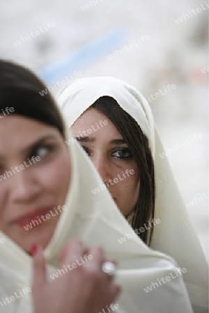 Afrika, Nordafrika, Tunesien, Tunis, Sidi Bou Said
Junge Frauen im traditionellen weissen Schleier in der Altstadt von Sidi Bou Said in der Daemmerung am Mittelmeer und noerdlich der Tunesischen Hauptstadt Tunis. 






