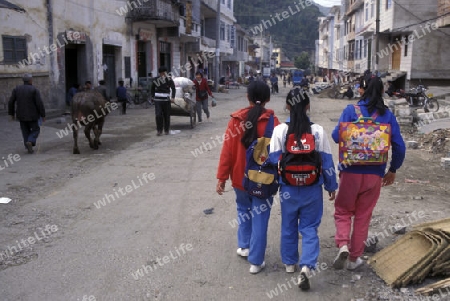 childern on the way to school  in the town of Yangshou near the city of  Guilin in the Province of Guangxi in china in east asia. 