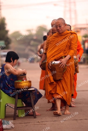 Moenche auf ihrem Rundgang am fruehem Morgen vor dem Tempel in der Stadt Tha Khaek in zentral Laos an der Grenze zu Thailand in Suedostasien.