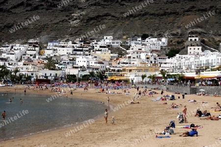 the beach of the fishing village of  Puerto de Mogan in the south of Gran Canay on the Canary Island of Spain in the Atlantic ocean.