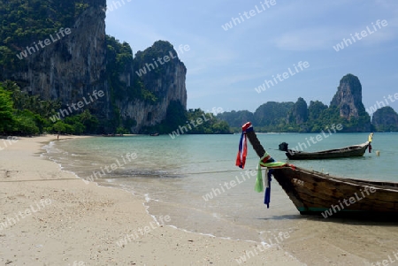 The Hat Tom Sai Beach at Railay near Ao Nang outside of the City of Krabi on the Andaman Sea in the south of Thailand. 