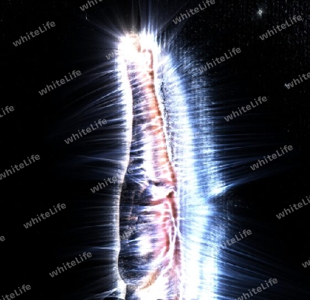 3D-Illustration of a glowing human female hand with a kirlian aura showing different symbols.