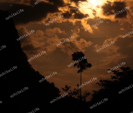 Die Huegellandschaft an der Landstrasse 12 zwischen der Stadt Tha Khaek und dem Dorf Mahaxai Mai in zentral Laos an der Grenze zu Thailand in Suedostasien.