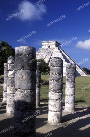 Die Pyramide der Maya Ruine von Chichen Itza im Staat Yucatan auf der Halbinsel Yuctan im sueden von Mexiko in Mittelamerika.   