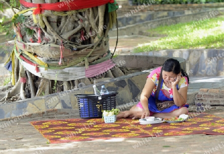 Eine Frau in einem Park am Moon River in der Umgebung von Ubon Ratchathani im nordosten von Thailand in Suedostasien.