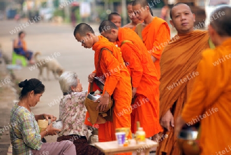 Moenche auf ihrem Rundgang am fruehem Morgen vor dem Tempel in der Stadt Tha Khaek in zentral Laos an der Grenze zu Thailand in Suedostasien.