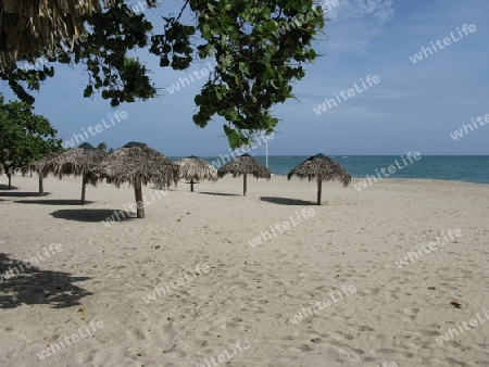 Dominikanische Republik. Leerer Strand mit Palmenschirmen