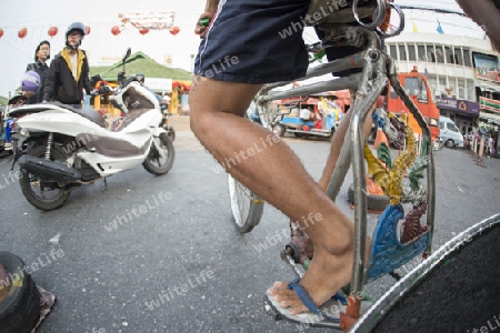 Bicycle Ricksha Taxis at the morning Market in Nothaburi in the north of city of Bangkok in Thailand in Southeastasia.