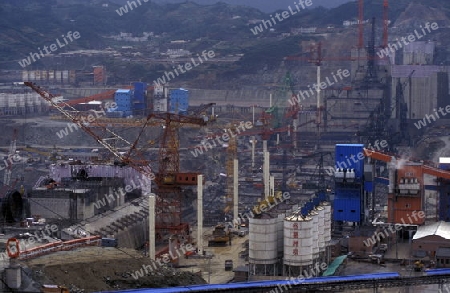 the constructions work at the three gorges dam project on the yangzi river in the province of hubei in china.