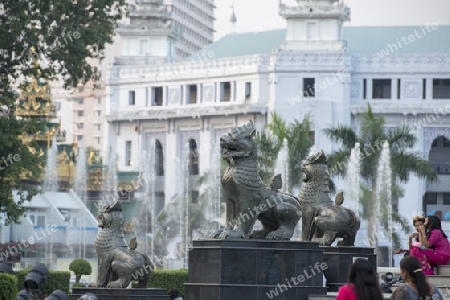 The Maha Bandoola Park with the AYA Bank in the City of Yangon in Myanmar in Southeastasia.