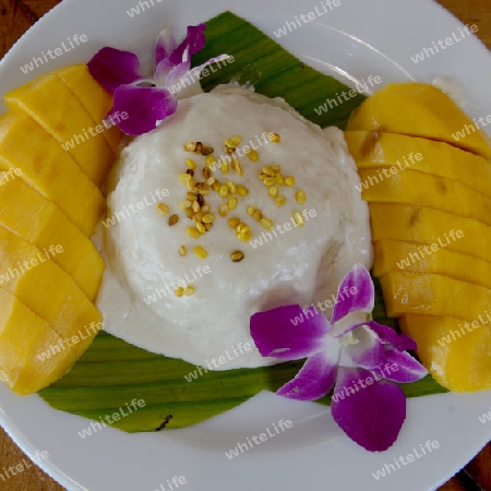 a Thai desert rice with mango in a restaurant at the Hat Railay Leh Beach at Railay near Ao Nang outside of the City of Krabi on the Andaman Sea in the south of Thailand. 