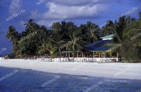 
Palmen und Restaurant am Strand der Insel Meeru im Northmale Atoll auf den Inseln der Malediven im Indischen Ozean.   