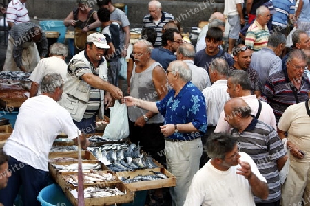 The Fishmarket in the old Town of Catania in Sicily in south Italy in Europe.