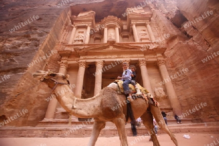 The Al Khazneh Treasury in the Temple city of Petra in Jordan in the middle east.