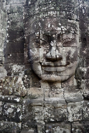 Stone Faces the Tempel Ruin of Angkor Thom in the Temple City of Angkor near the City of Siem Riep in the west of Cambodia.