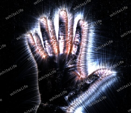 3D-Illustration of a glowing human female hand with a kirlian aura showing different symbols.