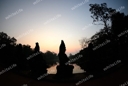 The Bridge at the Angkor Tom Gate in the Temple City of Angkor near the City of Siem Riep in the west of Cambodia.