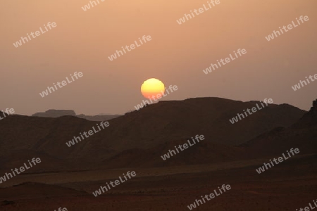 The Landscape on evening in the Wadi Rum Desert in Jordan in the middle east.