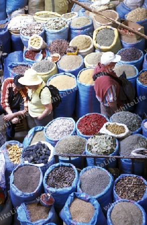 The Souq or Bazzar or Market in the old town of Marrakesh in Morocco in North Africa.
