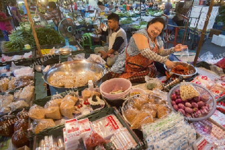 the food market at the morning Market in Nothaburi in the north of city of Bangkok in Thailand in Southeastasia.