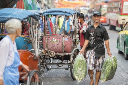 Bicycle Ricksha Taxis at the morning Market in Nothaburi in the north of city of Bangkok in Thailand in Southeastasia.