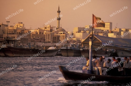 a city boat and ferry on the Dubai creek in the old town in the city of Dubai in the Arab Emirates in the Gulf of Arabia.