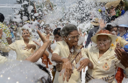 Das Songkran Fest oder Wasserfest zum Thailaendischen Neujahr ist im vollem Gange in Ayutthaya noerdlich von Bangkok in Thailand in Suedostasien.  