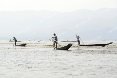 A fishingboat on the Lake Inle near the town of Nyaungshwe at the Inle Lake in the Shan State in the east of Myanmar in Southeastasia.