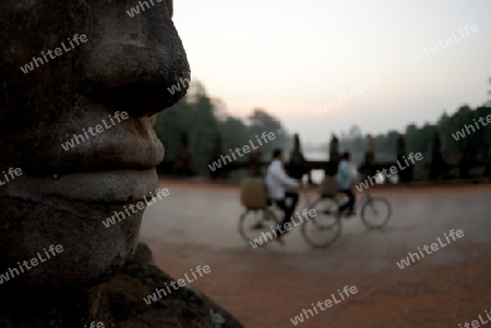 The Bridge at the Angkor Tom Gate in the Temple City of Angkor near the City of Siem Riep in the west of Cambodia.