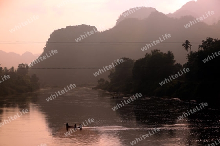 Die Landschaft am Xe Bang Fai River beim Dorf Mahaxai Mai von Tham Pa Fa unweit der Stadt Tha Khaek in zentral Laos an der Grenze zu Thailand in Suedostasien.